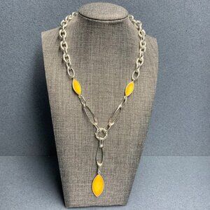 Y Drop Dangle Necklace 16 In Silver Chain Yellow Faceted Ellipse Links Modern